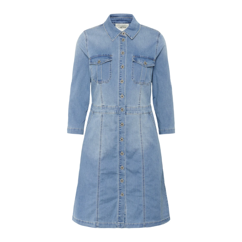 Cream Denim Jurk met ¾ Mouwen en Zakken Blue Dames