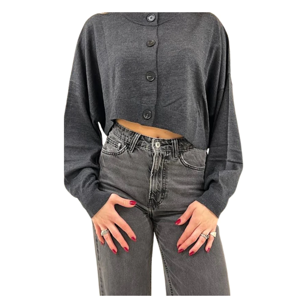 Meimeij Women's Gray Cardigan Corto Manica Lunga