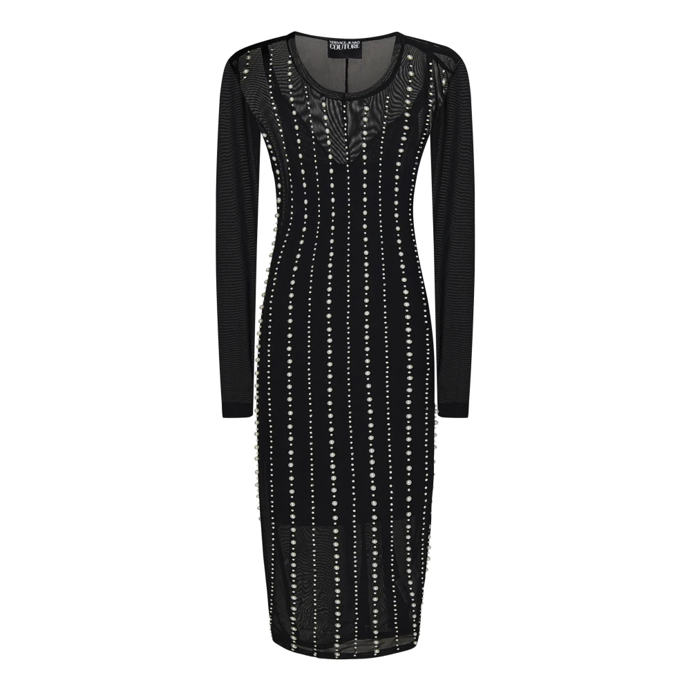 Versace Jeans Couture Women's Black Midi Dress With Faux Pearl Embroidery