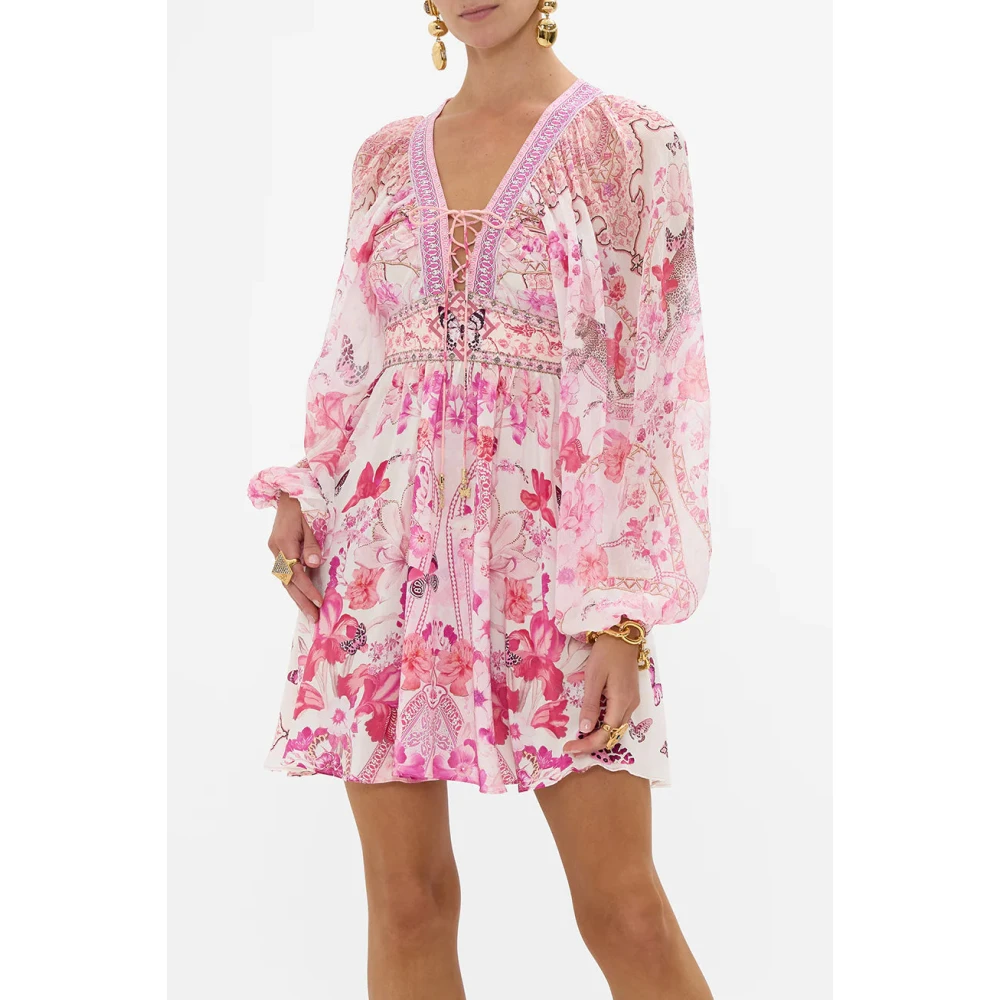 Camilla Botanische Novelle Lace Up Korte Jurk Pink Dames