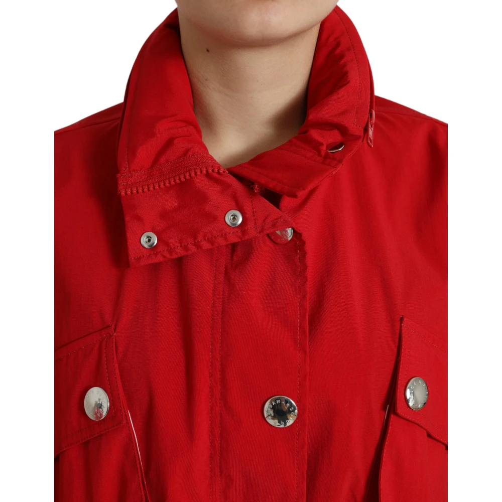 Dolce & Gabbana Rode Polyester Hooded Knoopregenjas Red Dames