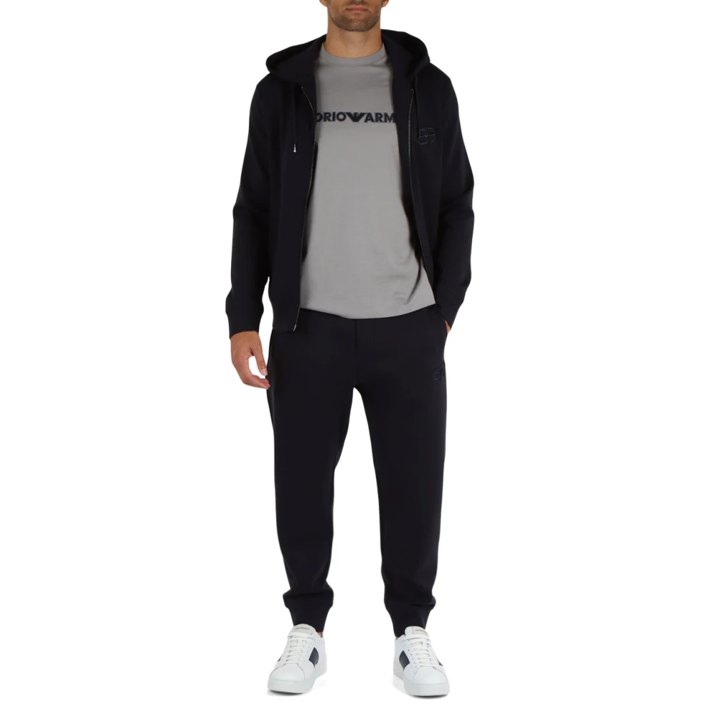 Emporio Armani Sportieve katoenblend broek met logoborduursel Blue Heren