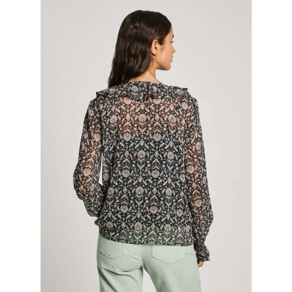 Pepe Jeans Bloemen Ruche Blouse met Sleutelgat Halslijn Gray Dames