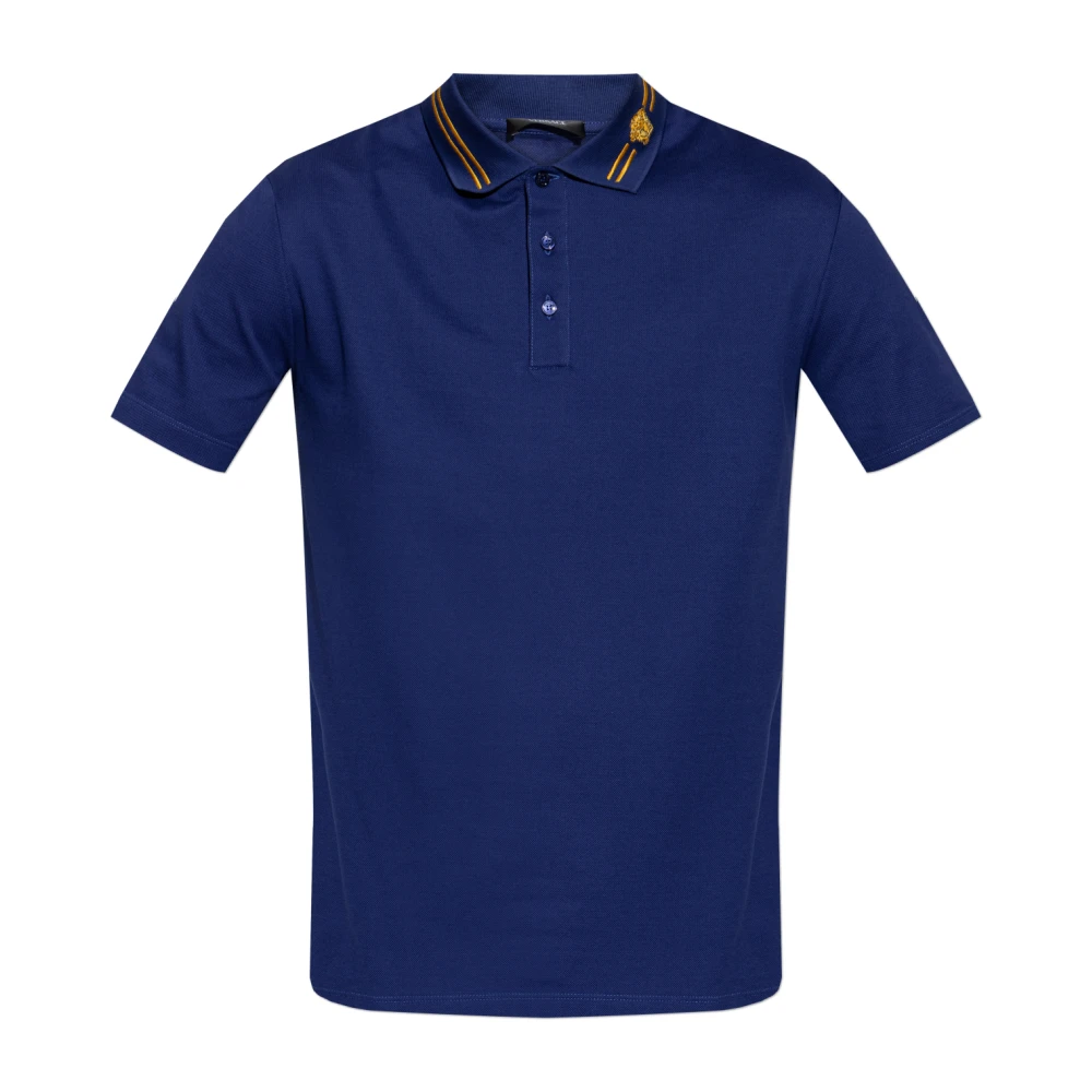 Versace Mannelijk Blauw Tops Heren, 2XL, Katoen, Geborduurde Katoenen Piqué Polo