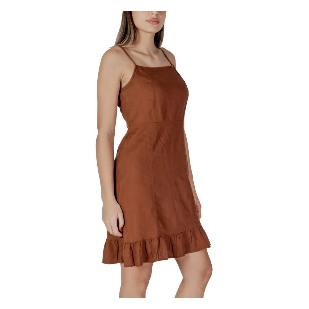 b.Young Bruine Linnenmix Spaghettiband Zomerjurk Brown Dames