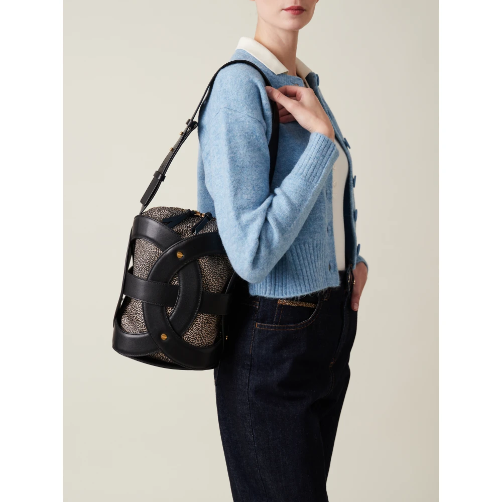 Borbonese Zwarte Leren Bucket Tas met Weefsel Black Dames