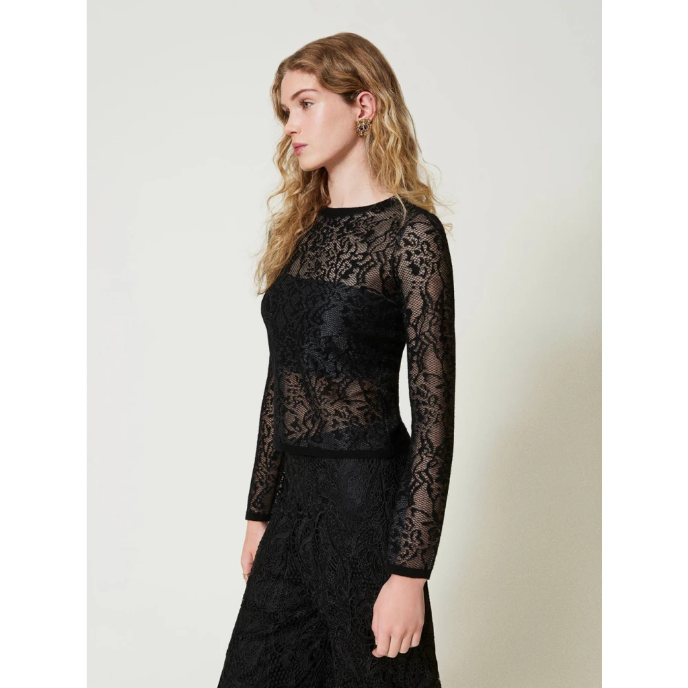 Twinset Zwart Kant Jacquard Trui Black Dames