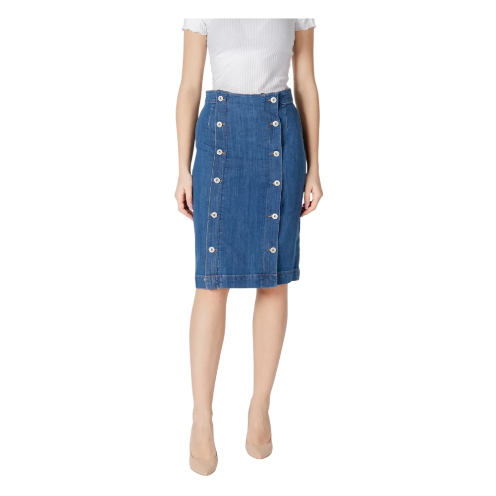 Ichi Blauwe Katoenmix Rok met Knopen Blue Dames