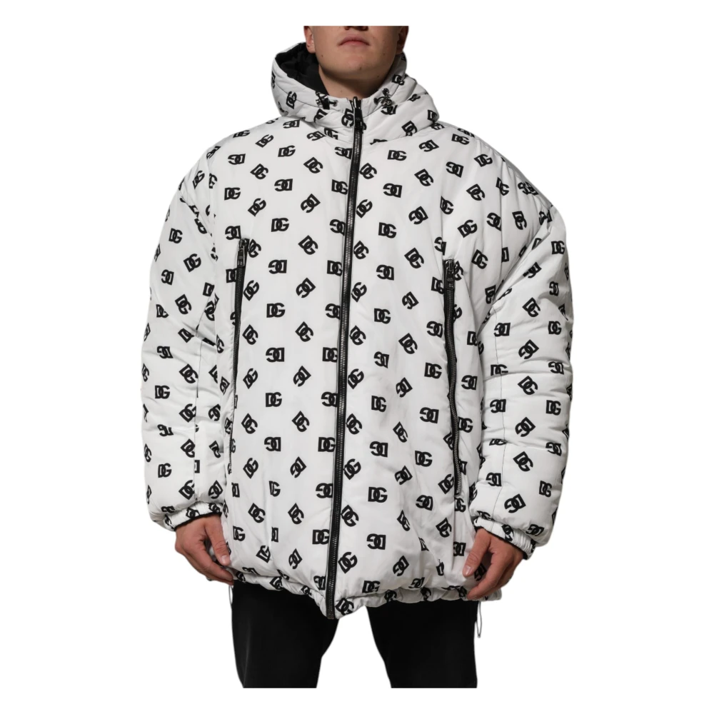 Dolce & Gabbana Men's White Winter Jackets, Xl, Monogram Hooded Puffer Jacket