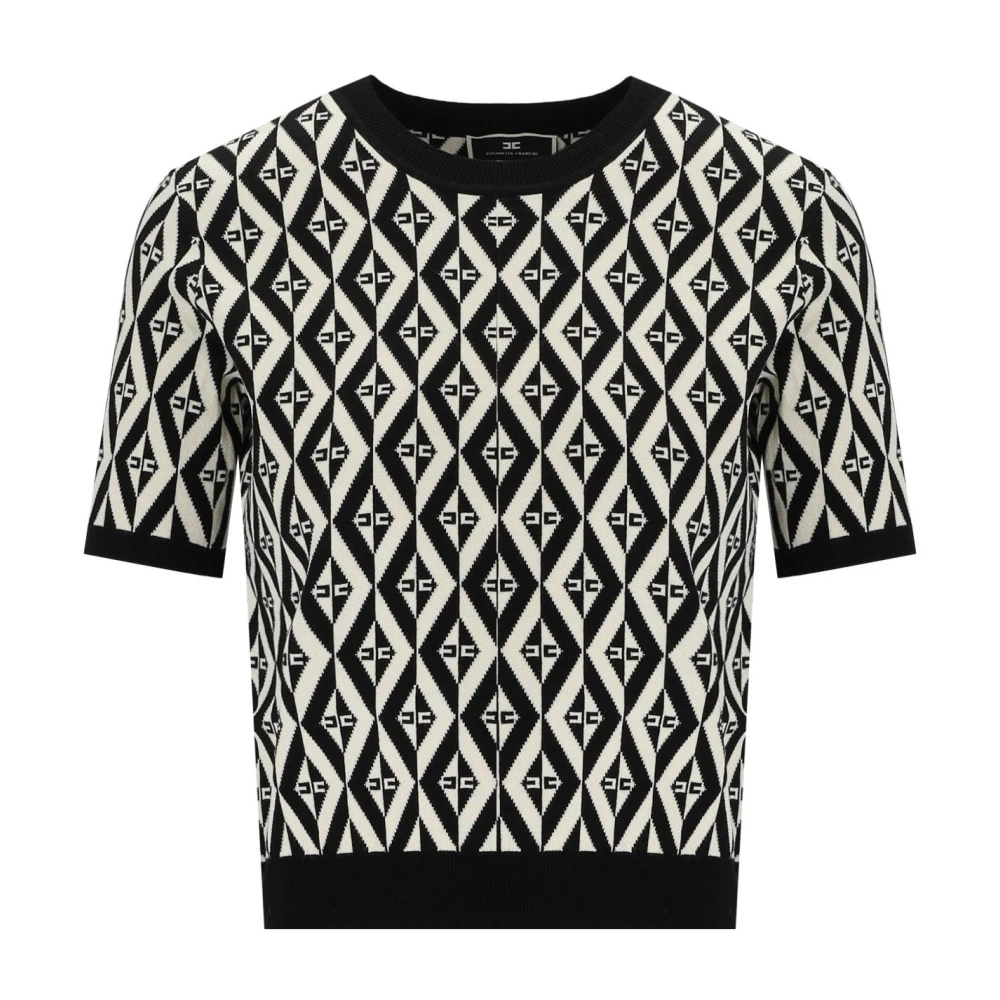 Elisabetta Franchi Monogram Gebreid T-Shirt in Zwart en Boter Black Dames