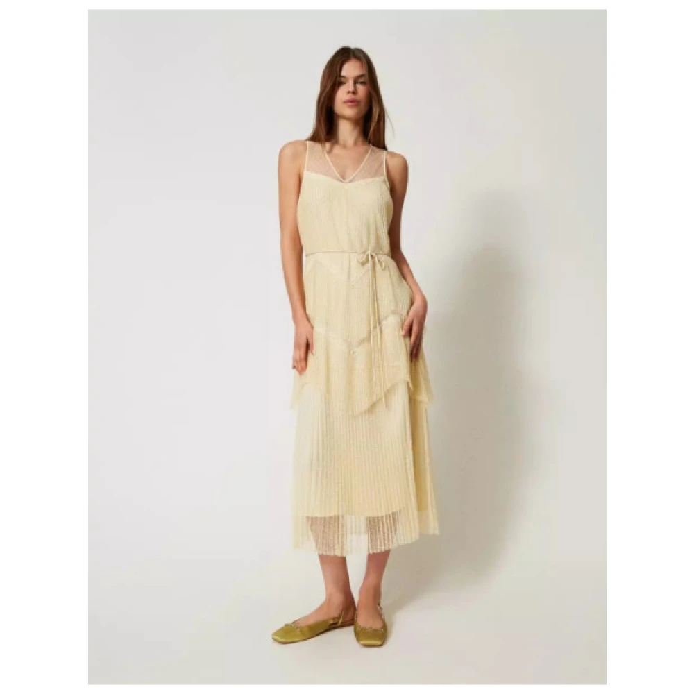 Twinset Lange Tule Jurk met Kant Details Beige Dames