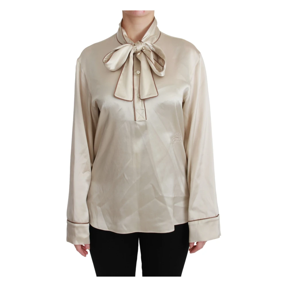 Dolce & Gabbana Women's Beige Blouses, S, Elegant Silk Satin Blouse With Queen Embroidery