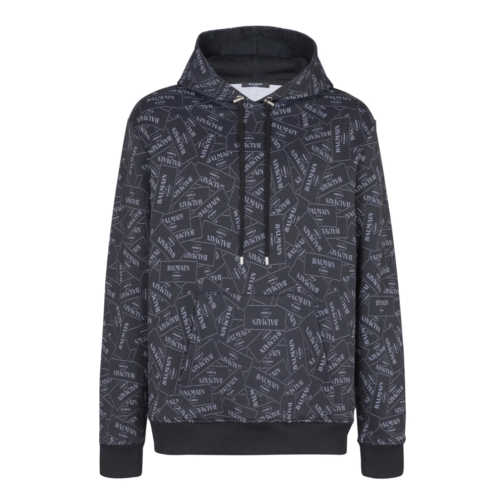 Balmain Hoodie met all-over label print Black Heren
