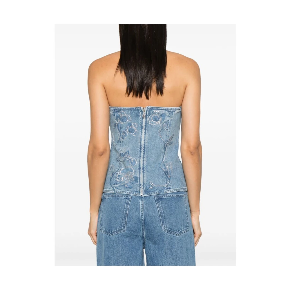 Rotate Birger Christensen Indigo Blue Denim Jurk met Bloemenborduursel Blue Dames