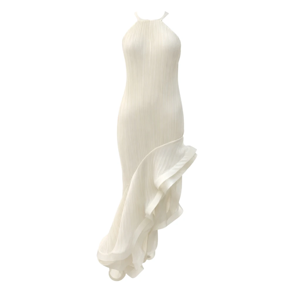 Simona Corsellini Women's Beige Gowns, M, Plissé Long Dress