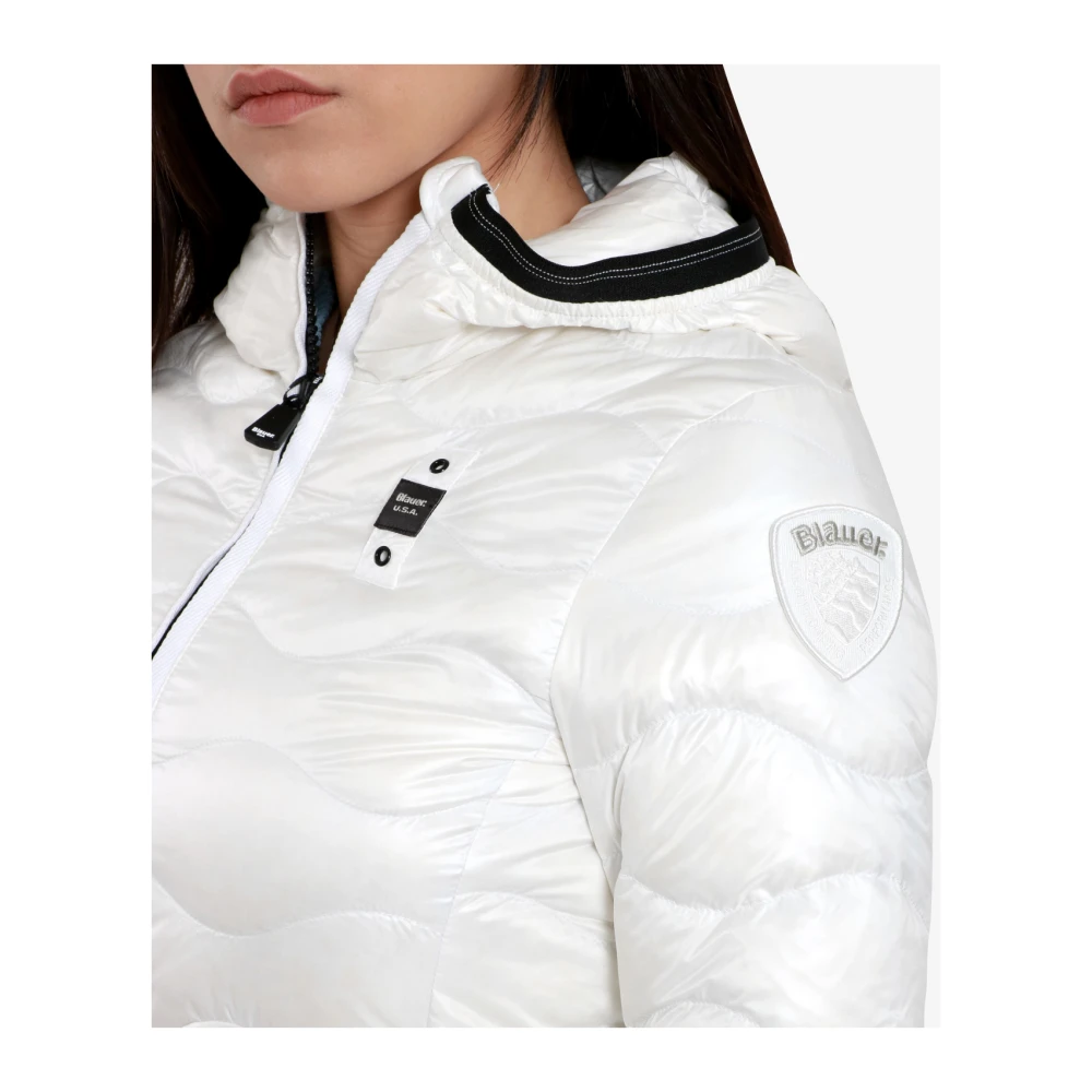 Blauer Witte Nylon Hooded Jas met Golven White Dames