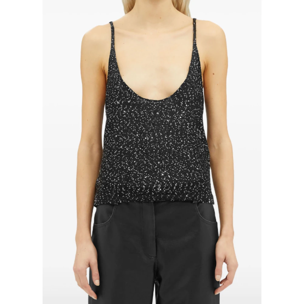 Msgm Zwarte Paillet Top Rechte Zoom Black Dames