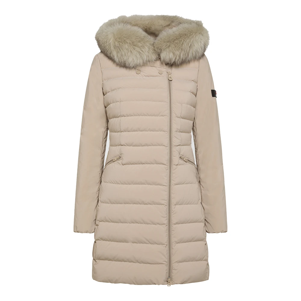Peuterey Women's Beige Lightweight Technical Down Jacket With Fox Fur Trim