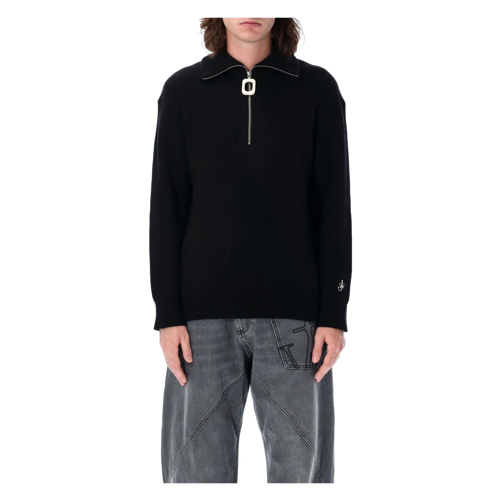 JW Anderson Zwarte Gebreide Half-Zip Sweater Anker Black Heren