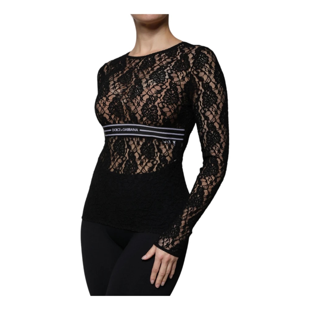 Dolce & Gabbana Zwart Logo Streep Kant Top Black Dames