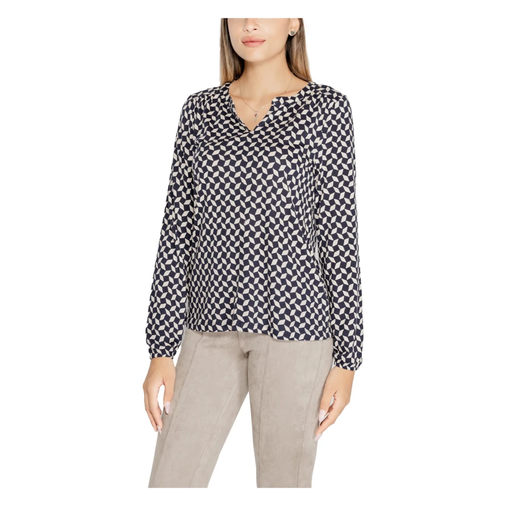 Street One Blauwe Geometrische Mandarin Kraag T-Shirt Blue Dames