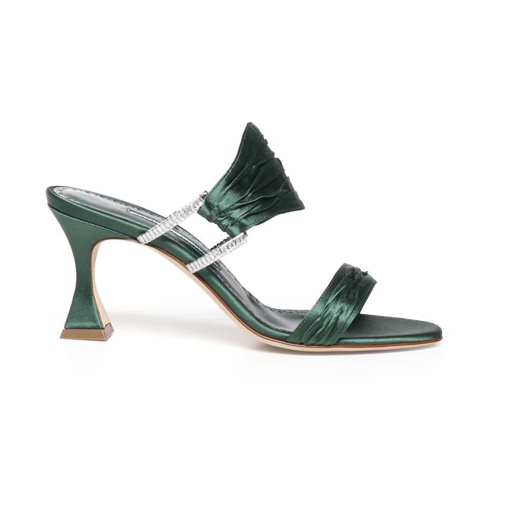 Manolo Blahnik Women's Green Heeled Mules, 2 Uk, Satin Mule Sandals With Crystal Buckles