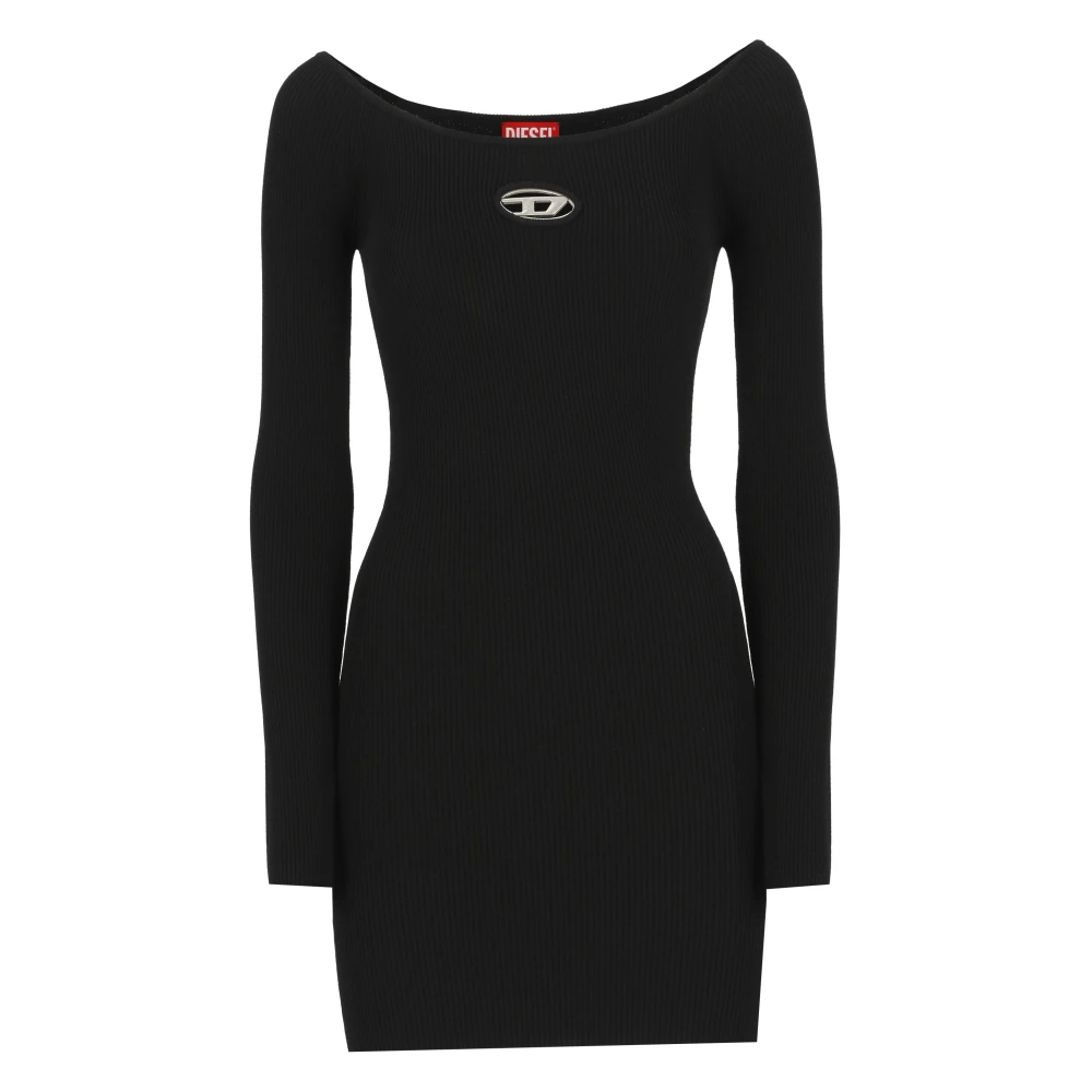 Diesel Vrouw Zwart Kleedjes Dames, 2XS, Geribbelde Jurk Met Metalen Logo