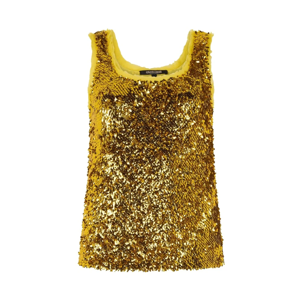 Roberto Cavalli , Sleeveless Tops, Female, Yellow, M, Gold Sequin Top