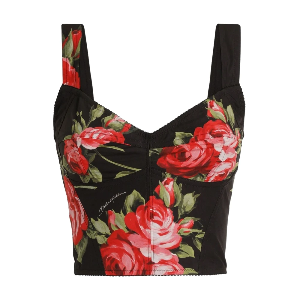 Dolce & Gabbana Top Bustier De Algodón Con Estampado De Ramo De Rosas Tops Mujer Negro Xs