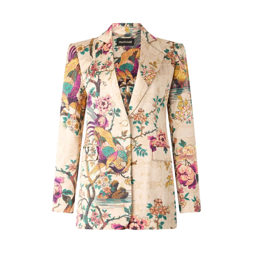Roberto Cavalli , Blazers, Female, Multicolor, Xs, Silk Oriental Bird Print Blazer