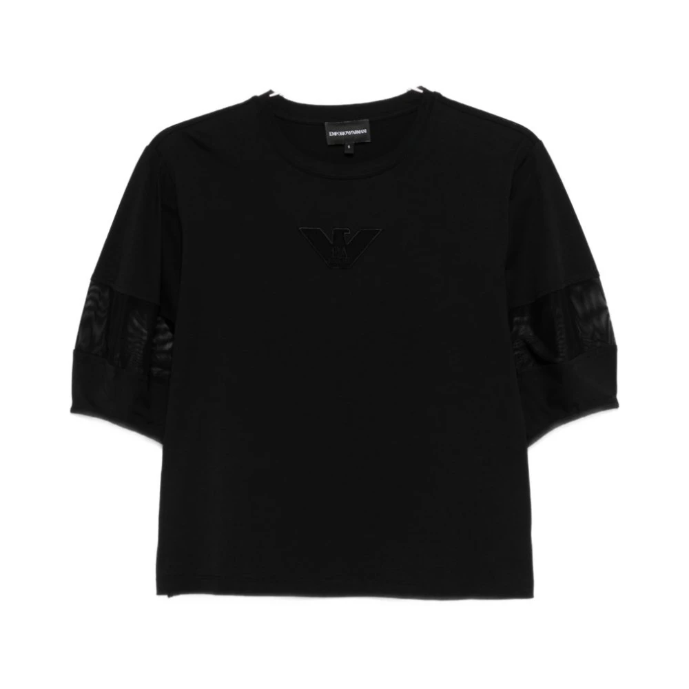 Emporio Armani Vrouw Zwart Tops Dames, S, Katoen, Supima Jersey T-Shirt Met Mesh Inzetstuk