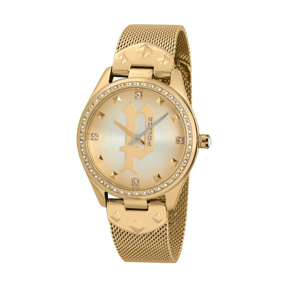 Police Yellow Watches, Female, One Size, Golden Stainless Steel Quartz Analog Watch