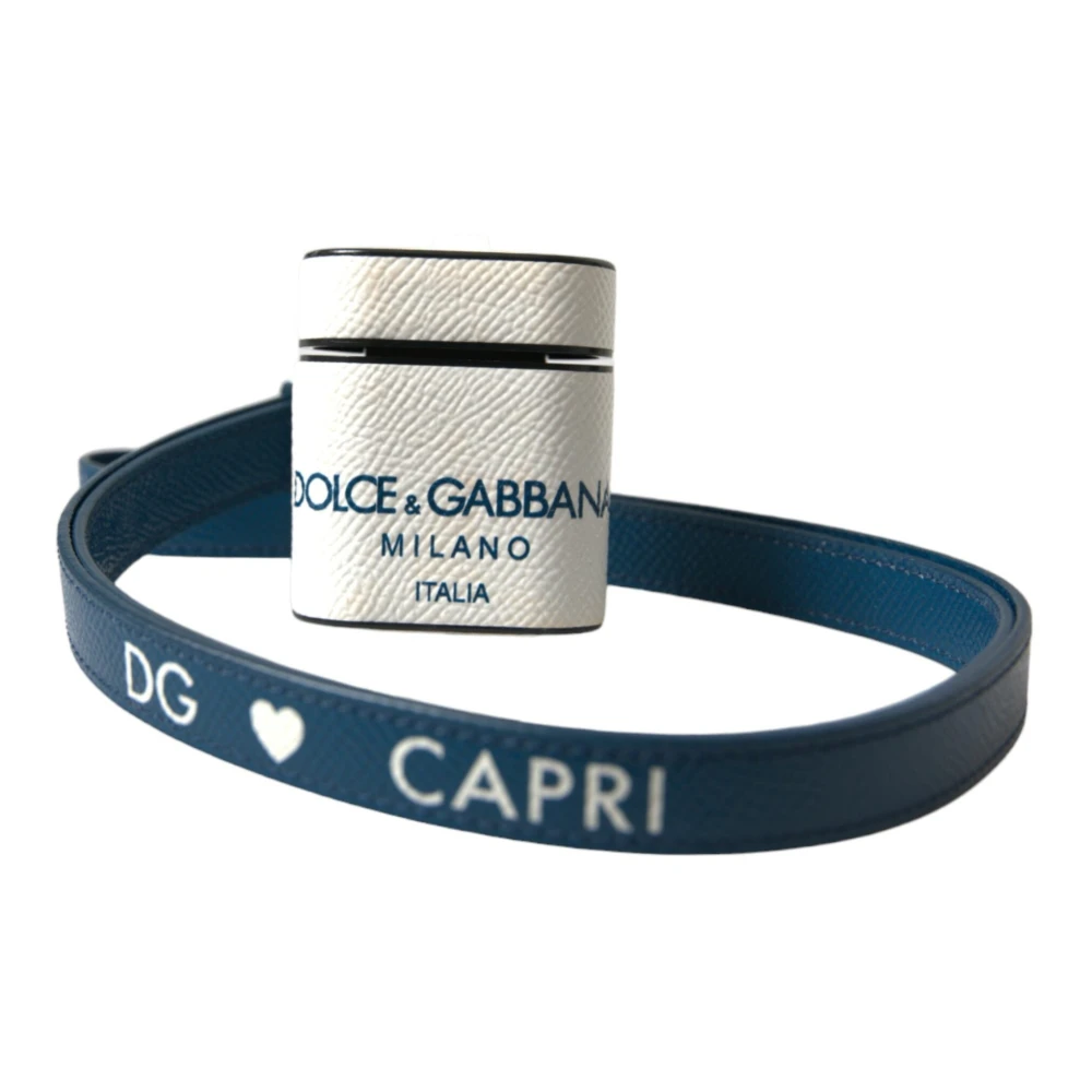 Dolce & Gabbana Unisex White/Blue Calf Leather Logo Print Strap Airpods Case