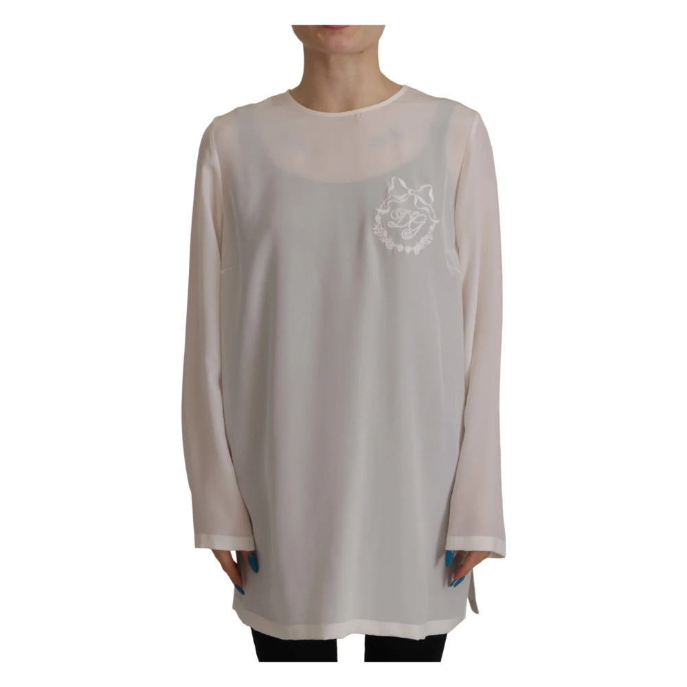 Dolce & Gabbana Women's White Blouses, S, Round Neck Long Sleeve Blouse