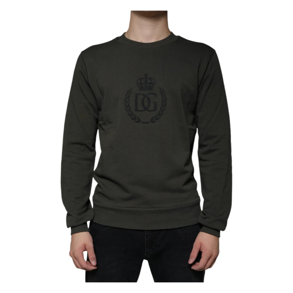 Dolce & Gabbana Men's Green Round-Neck Knitwear, Xs, Crown Print Army Pullover