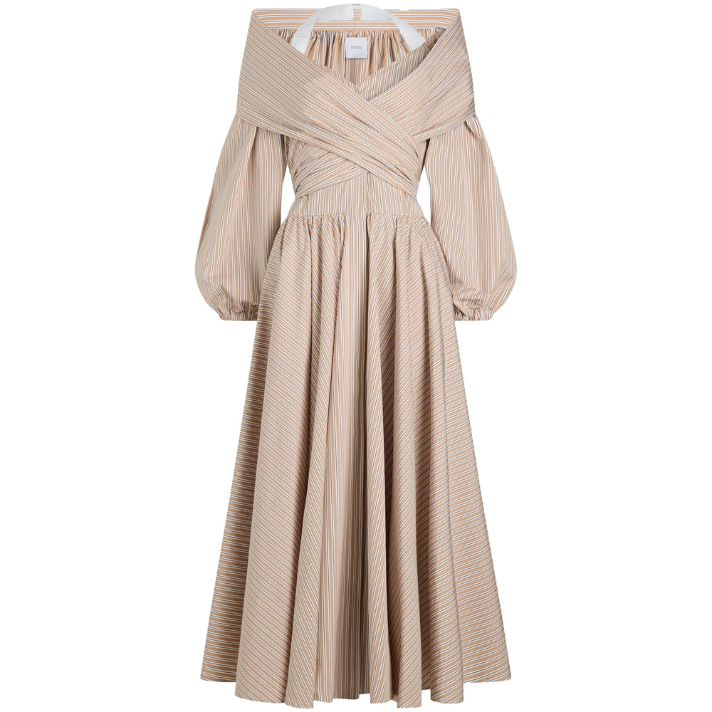 Patou Gestreepte geplooide jurk met pofmouwen Beige Dames