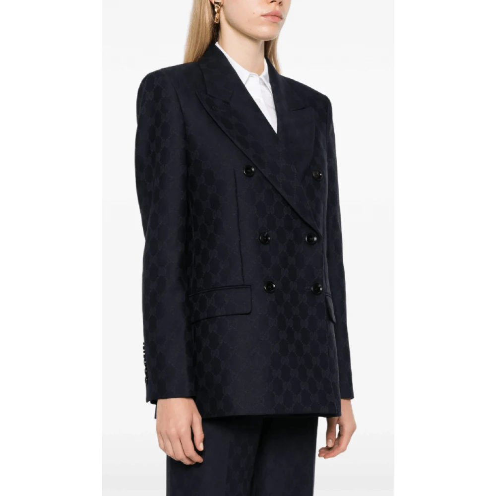 Gucci Blauwe wollen blazer met GG-jacquard Blue Dames