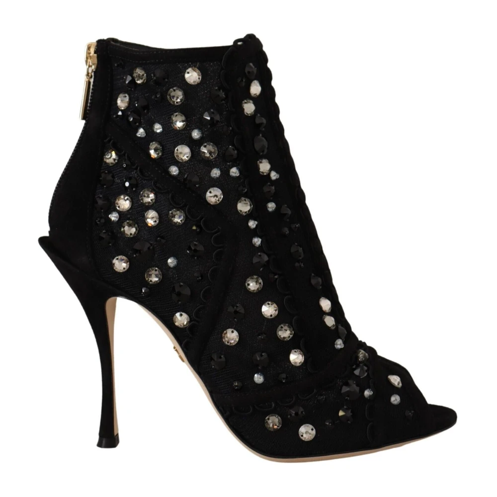 Dolce & Gabbana Black Crystal Zipper Short Boots - Female - Heeled Boots - 4 Uk - Shoes