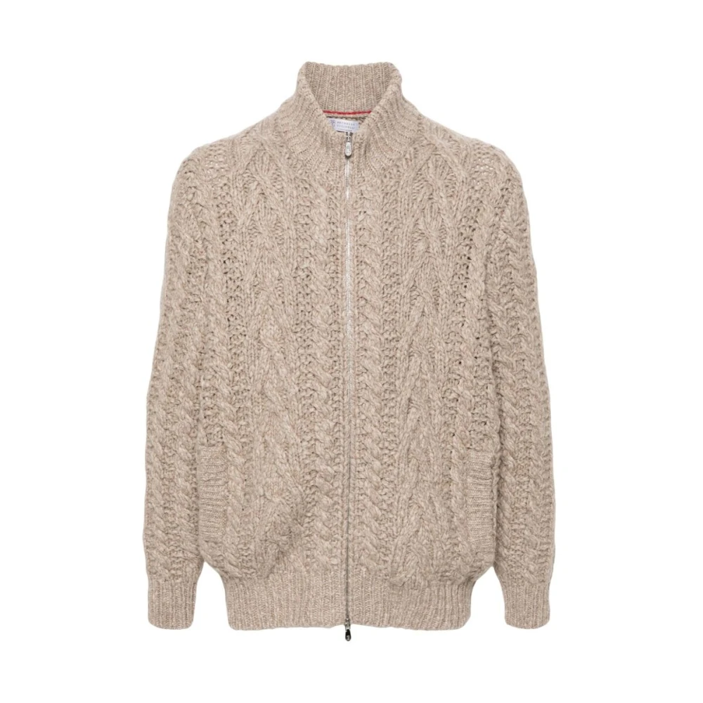 Brunello Cucinelli Chunky Cable Stickad Dragkedja Tröja Beige, Herr