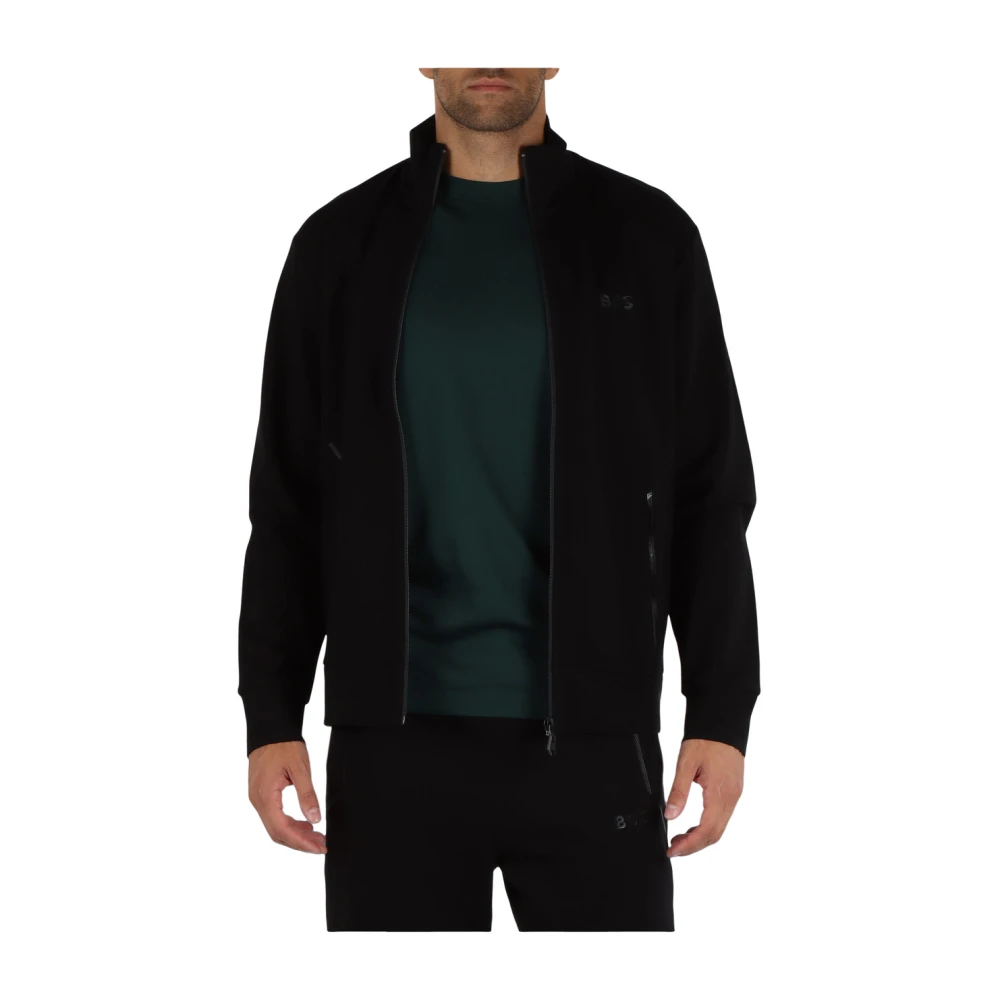 Boss Katoenen ritshoodie met gegraveerd logo Black Heren