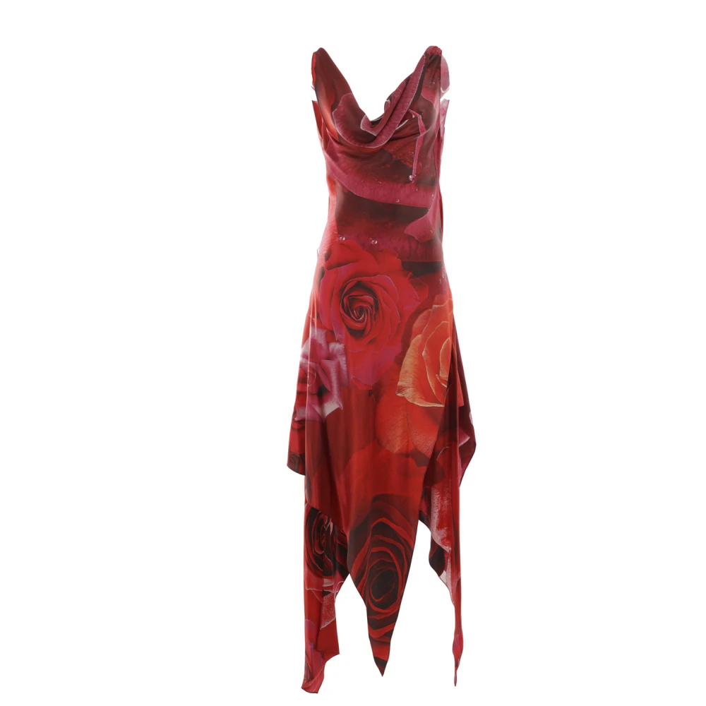 Roberto Cavalli Rode Garden Rose Print Midi Jurk Red Dames