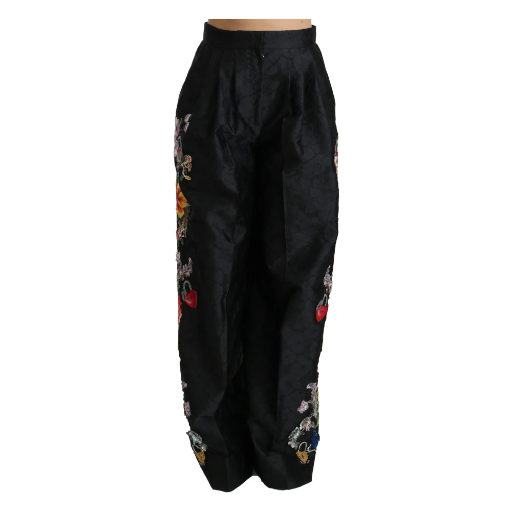 Dolce & Gabbana Wide Trousers, Female, M, Brocade Floral Sequined Beaded Wide-Leg Trousers Black
