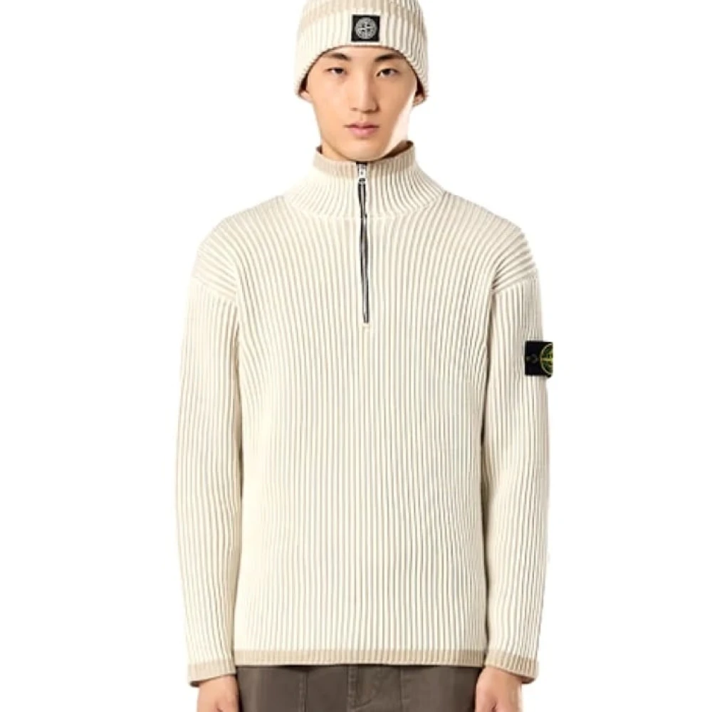 Stone Island Geribbelde Wol Half Zip Trui Beige Heren