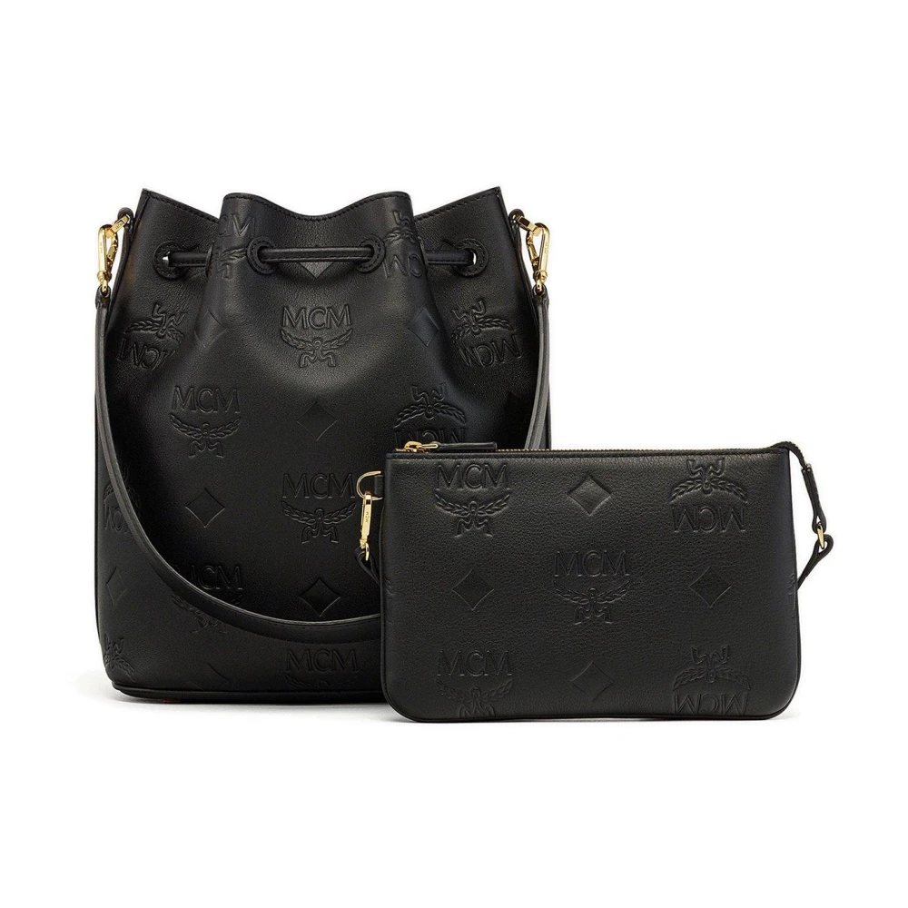 MCM Dessau leren trekkoordtas met reliëf monogram Black Dames