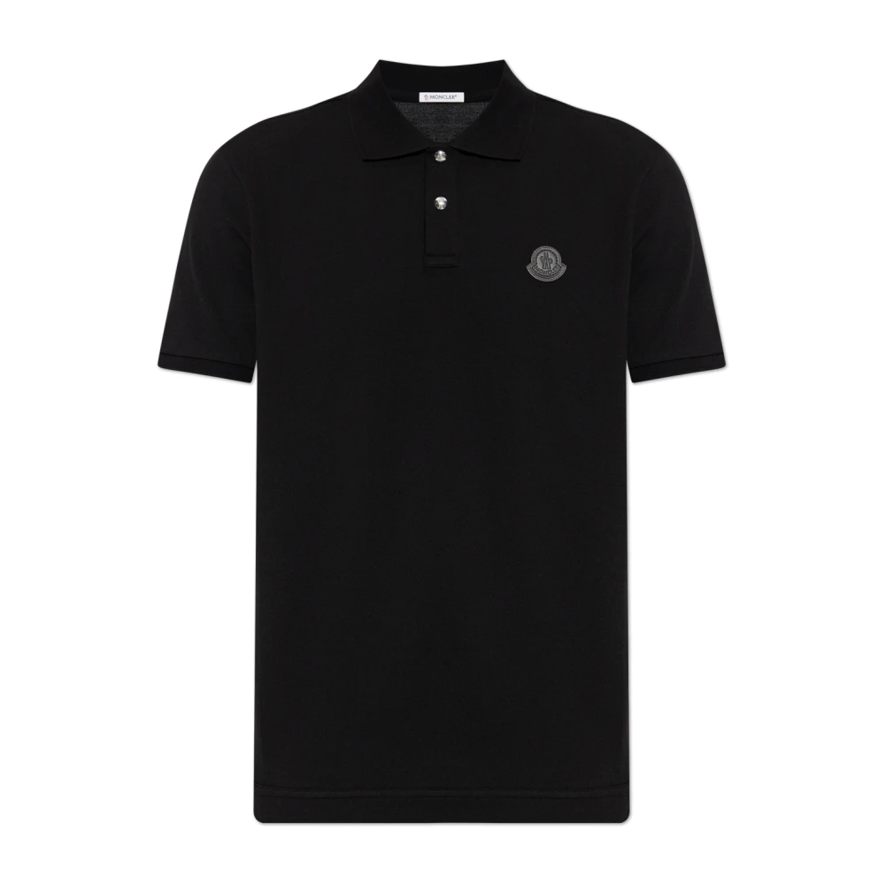 Moncler , Polo Shirts, Male, Black, L, Logo Patch Cotton Piqué Polo Shirt
