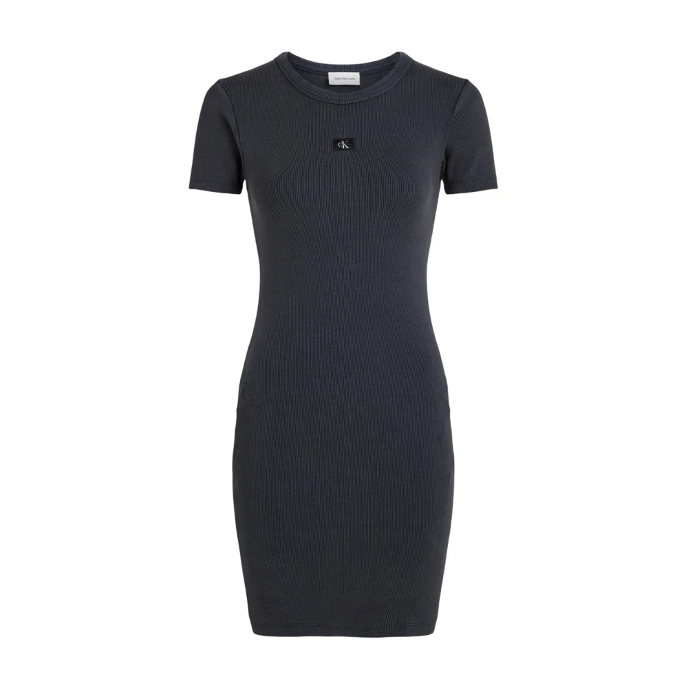 Calvin Klein Jeans Women's Black Short Dresses,, Ribbed Bodycon Dress With Notched Lapels Medium