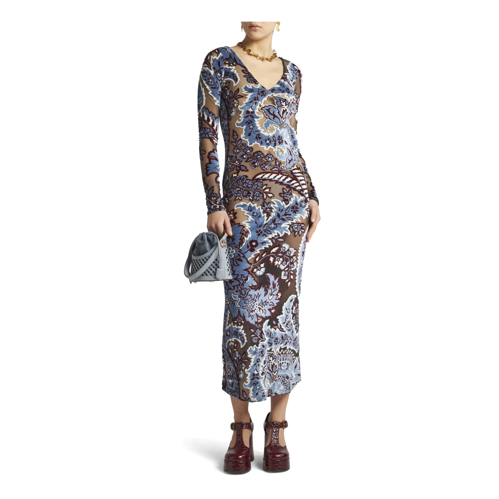 ETRO Heldere Blauwe Bloemen Paisley Fluweel Jurk Multicolor Dames