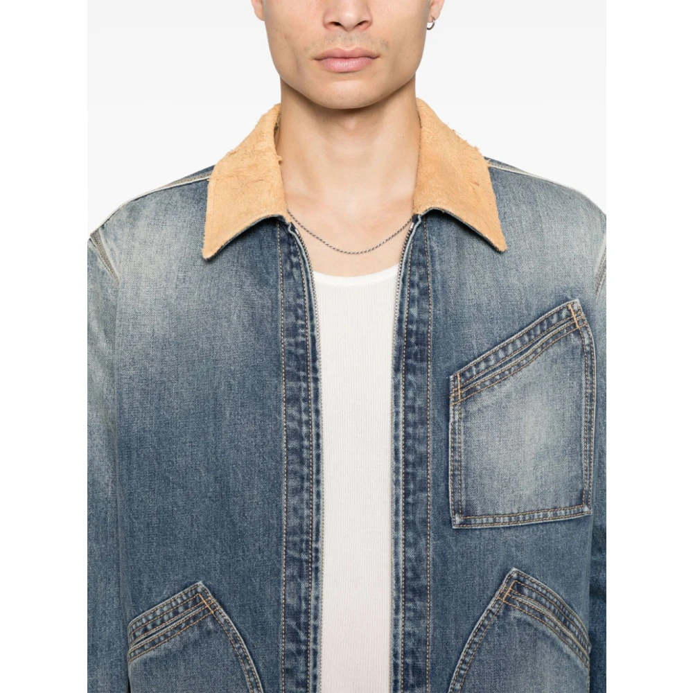 alexander mcqueen Blauwe Denim Jas met Beige Suède Kraag Blue Heren