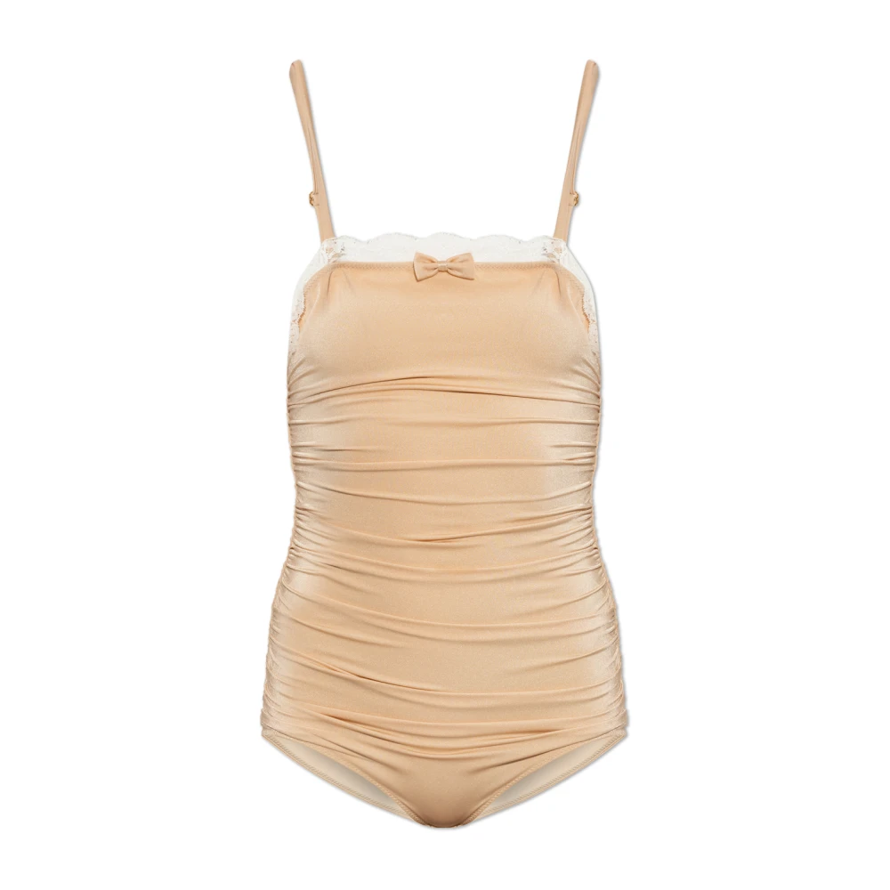 Chloé Beige Full-Body, Female, Xs, Lace-Trimmed Ruched Bodysuit
