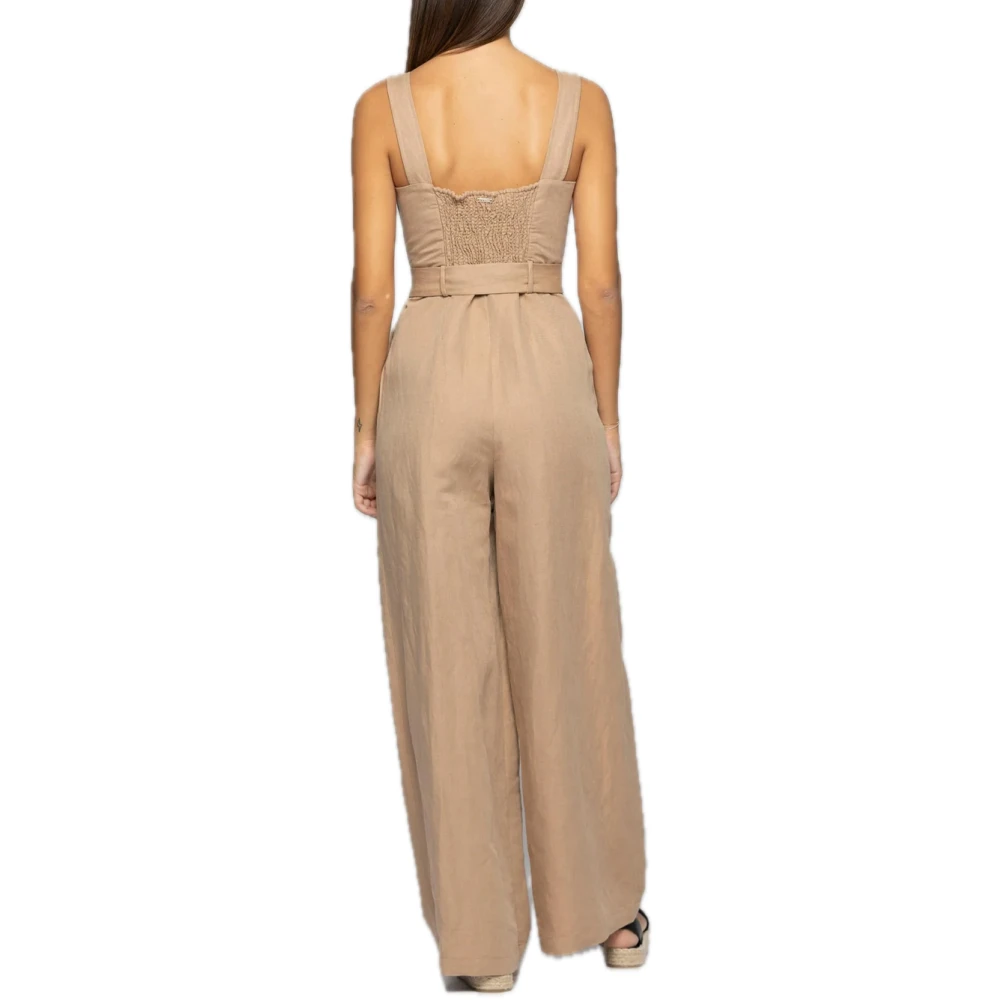 Kocca Linnen Jumpsuit Elastisch Bovenstuk Riem Beige Dames